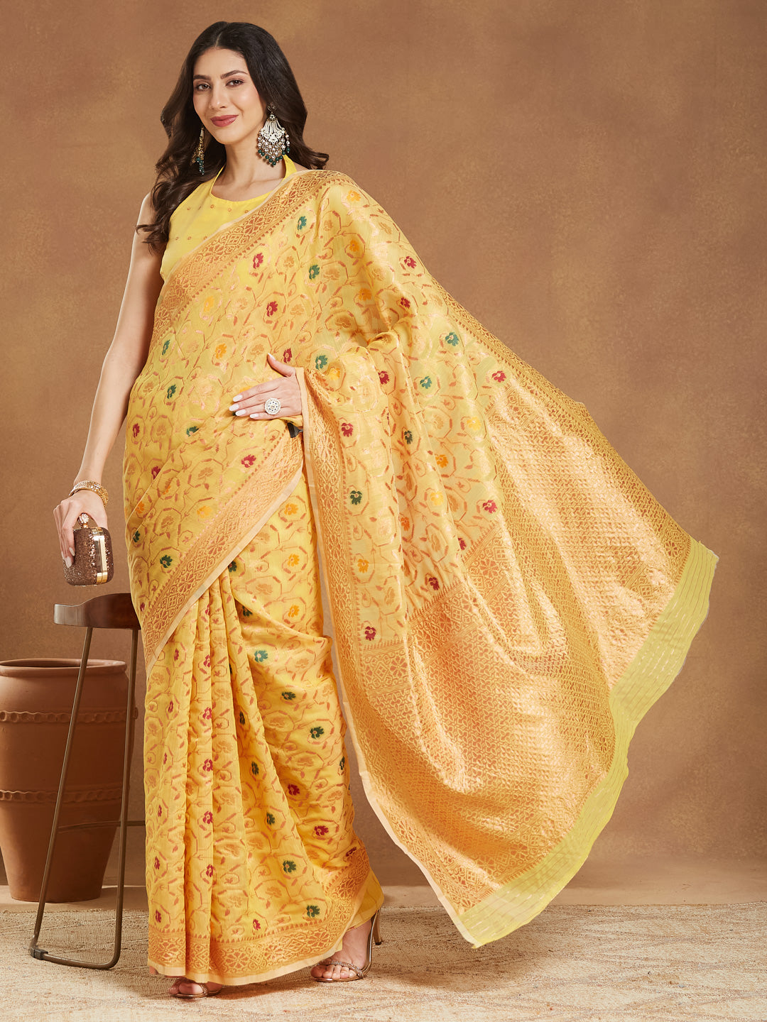 Janasya Yellow Linen Blend Patola Jacquard Saree - Distacart