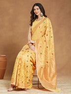 Janasya Yellow Linen Blend Patola Jacquard Saree - Distacart