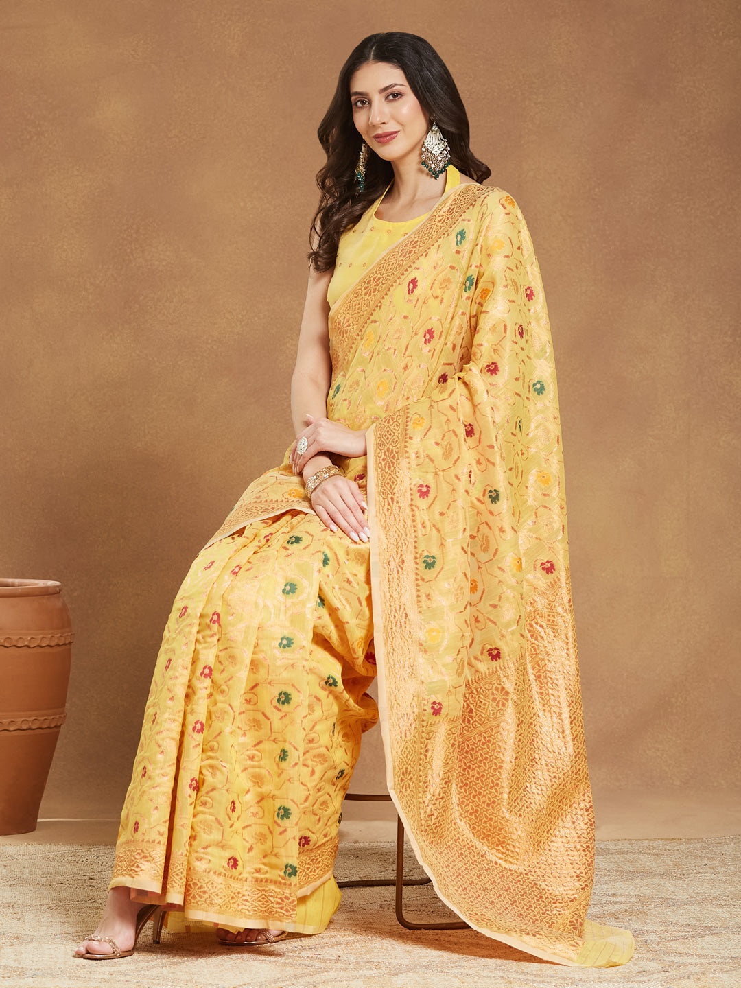 Janasya Yellow Linen Blend Patola Jacquard Saree - Distacart