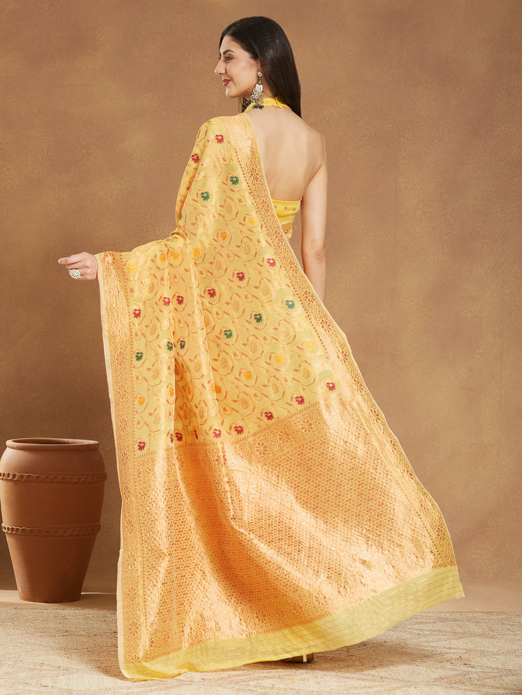 Janasya Yellow Linen Blend Patola Jacquard Saree - Distacart