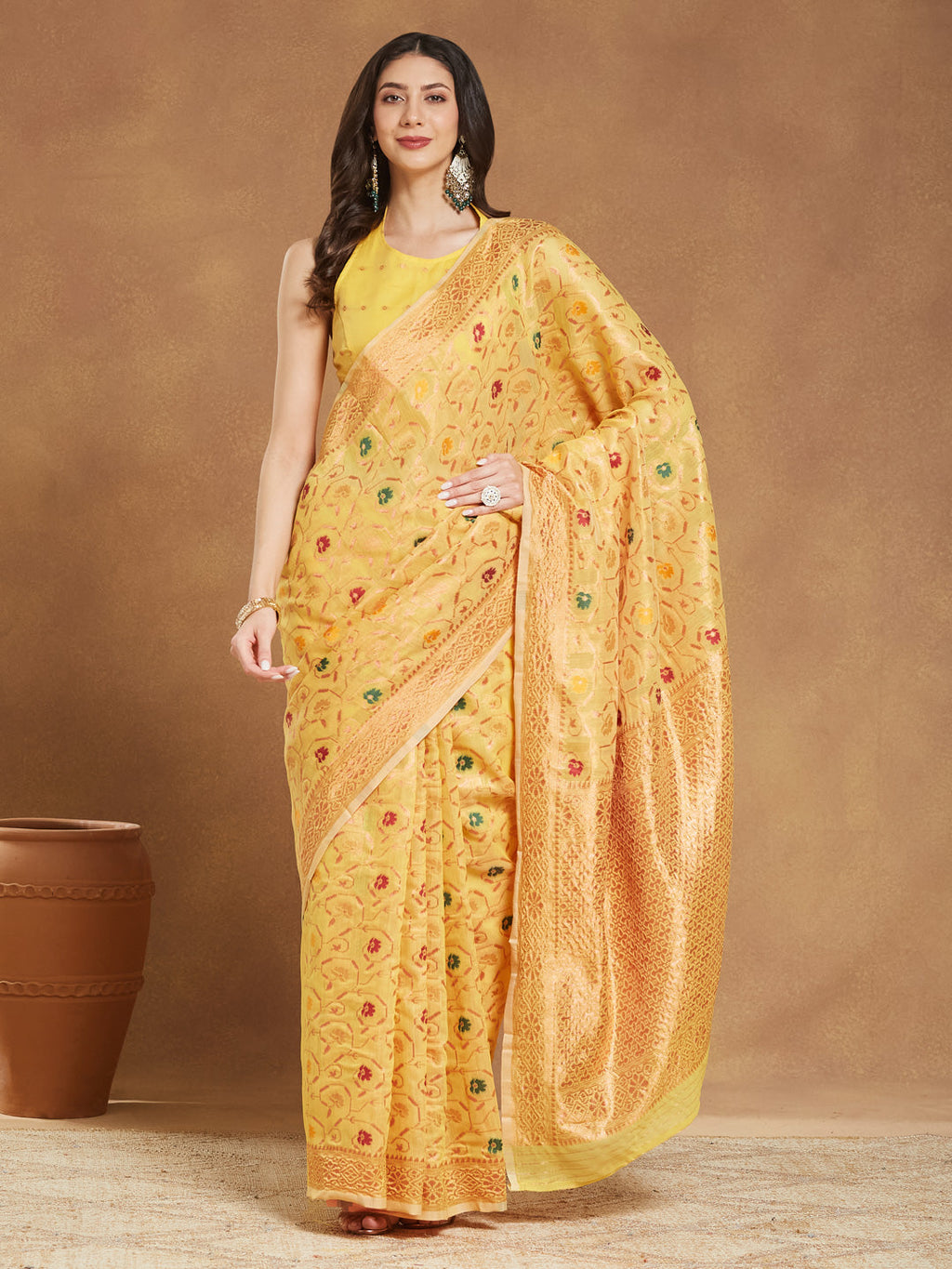 Janasya Yellow Linen Blend Patola Jacquard Saree - Distacart