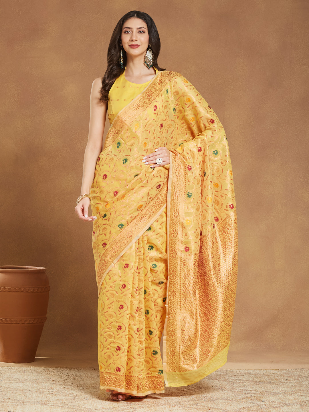 Janasya Yellow Linen Blend Patola Jacquard Saree - Distacart