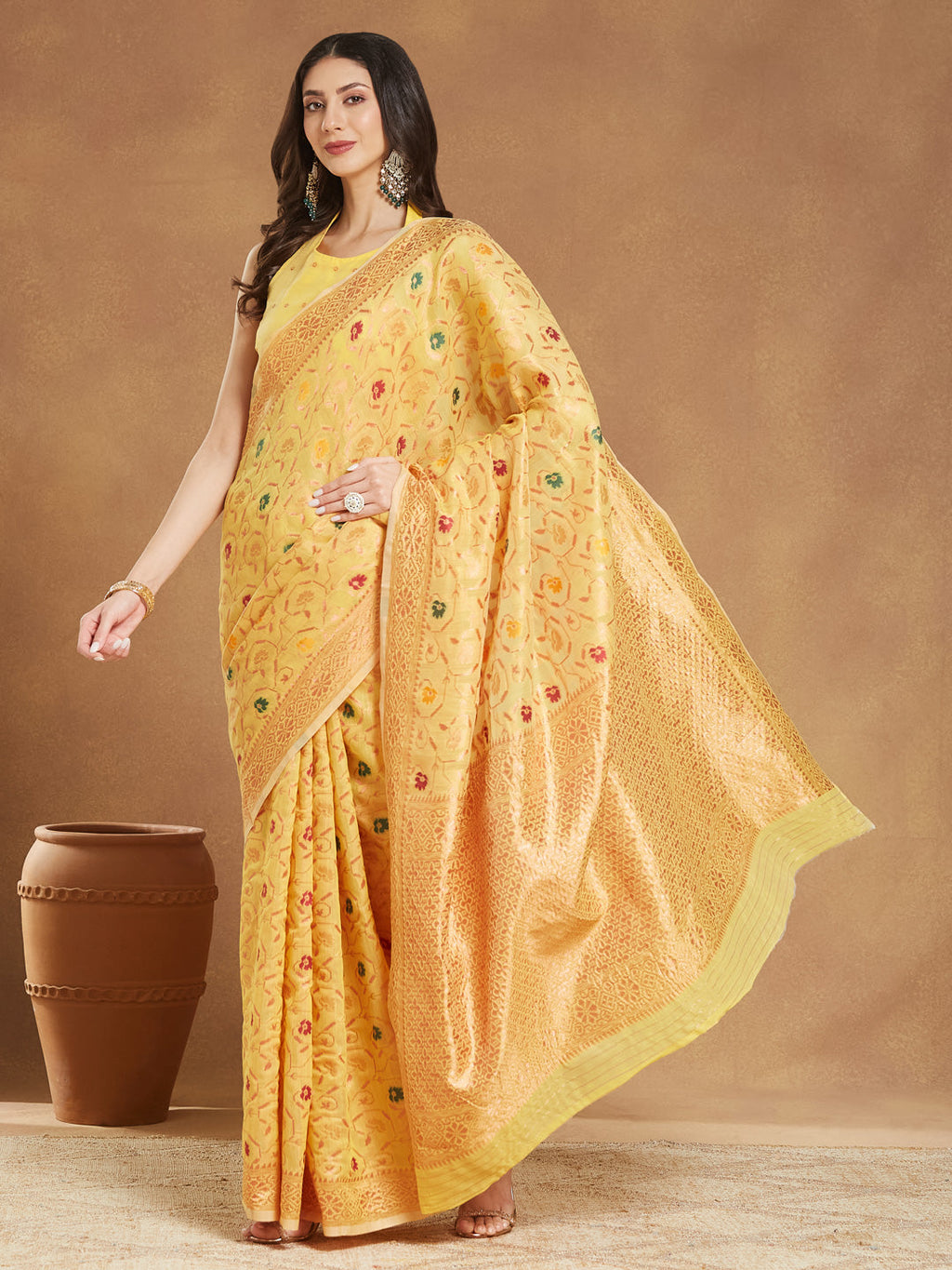 Janasya Yellow Linen Blend Patola Jacquard Saree - Distacart