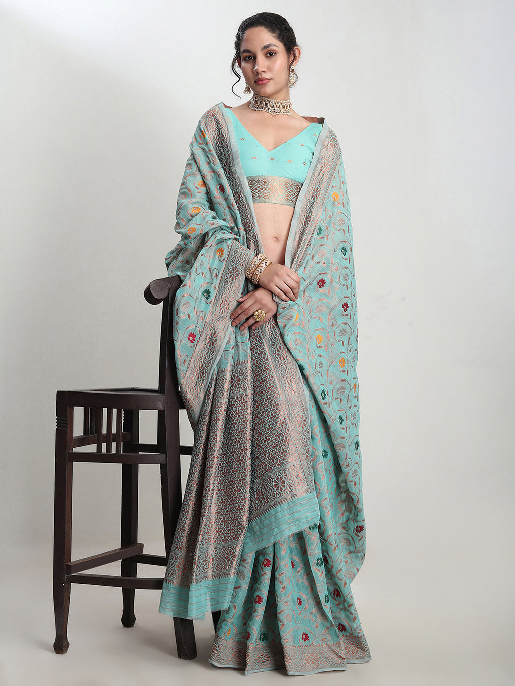 Janasya Sea Green Linen Blend Floral Jacquard Saree - Distacart