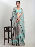 Janasya Sea Green Linen Blend Floral Jacquard Saree - Distacart
