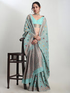 Janasya Sea Green Linen Blend Floral Jacquard Saree - Distacart