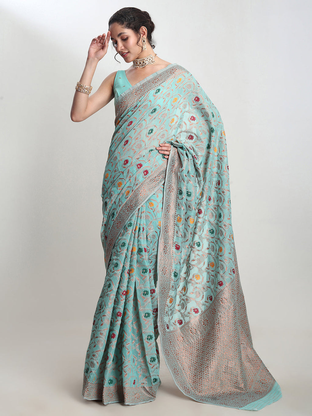 Janasya Sea Green Linen Blend Floral Jacquard Saree - Distacart