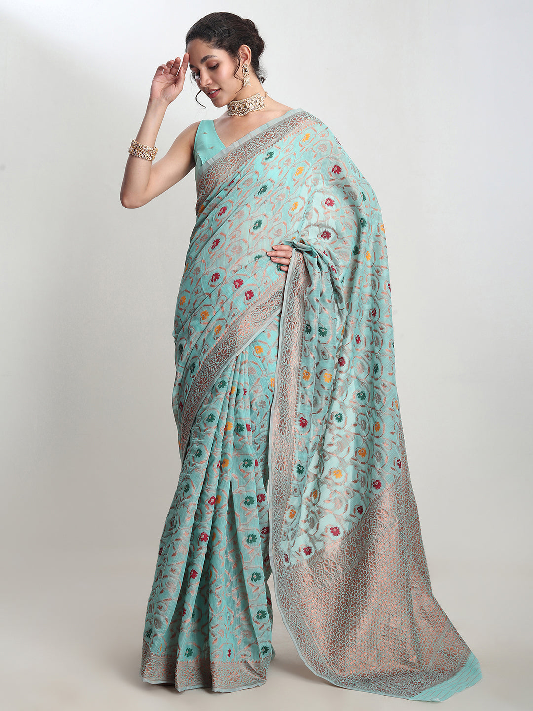 Janasya Sea Green Linen Blend Floral Jacquard Saree - Distacart