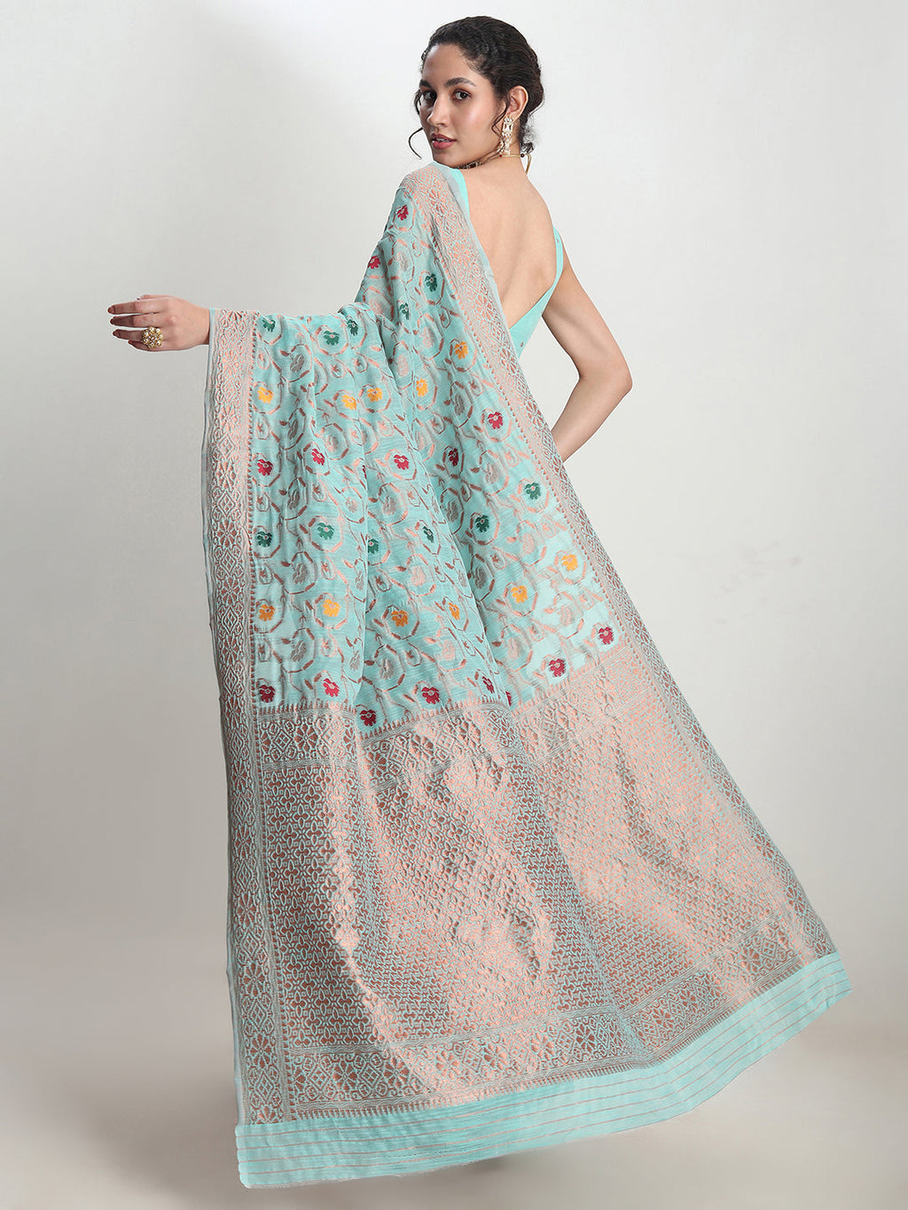Janasya Sea Green Linen Blend Floral Jacquard Saree - Distacart