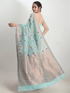 Janasya Sea Green Linen Blend Floral Jacquard Saree - Distacart