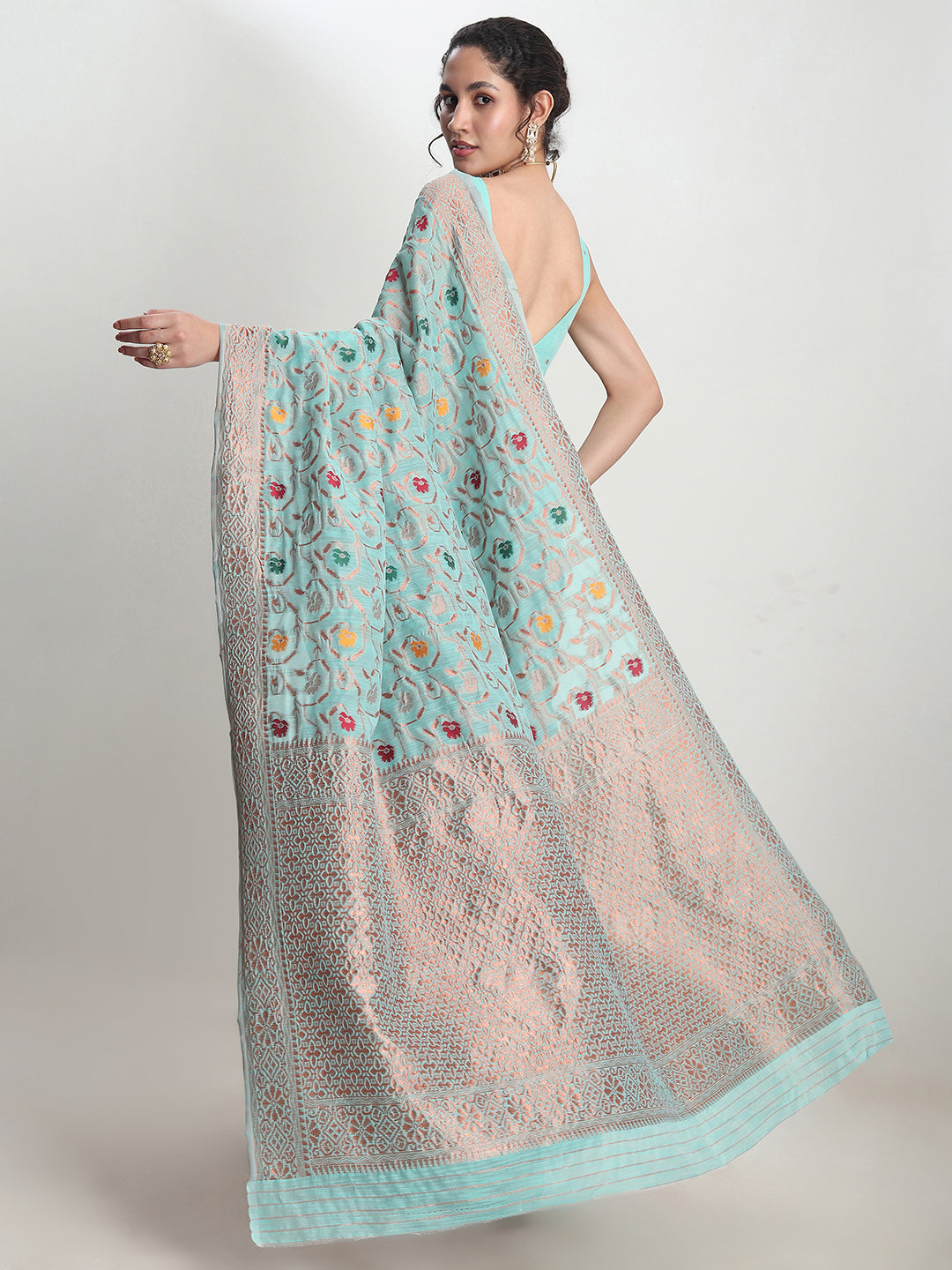 Janasya Sea Green Linen Blend Floral Jacquard Saree - Distacart