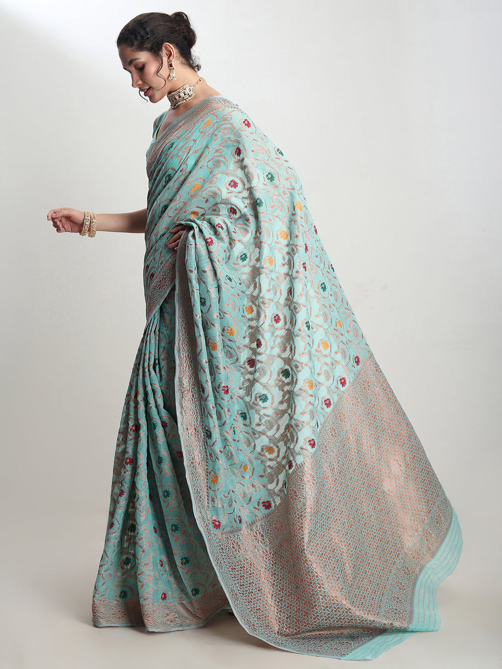 Janasya Sea Green Linen Blend Floral Jacquard Saree - Distacart