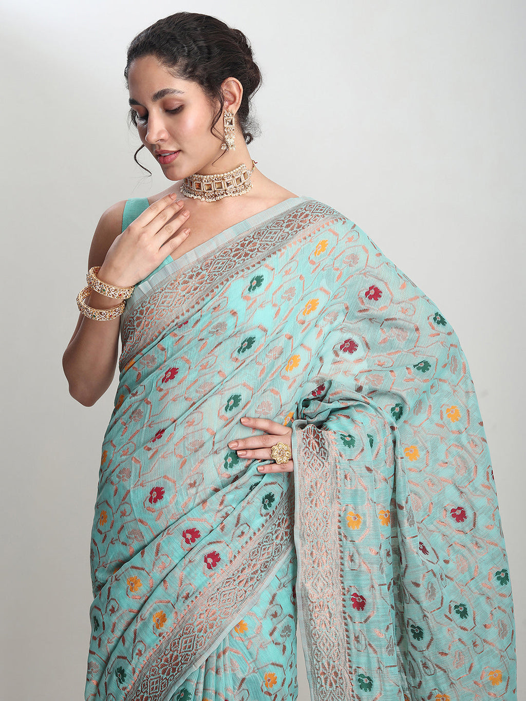 Janasya Sea Green Linen Blend Floral Jacquard Saree - Distacart