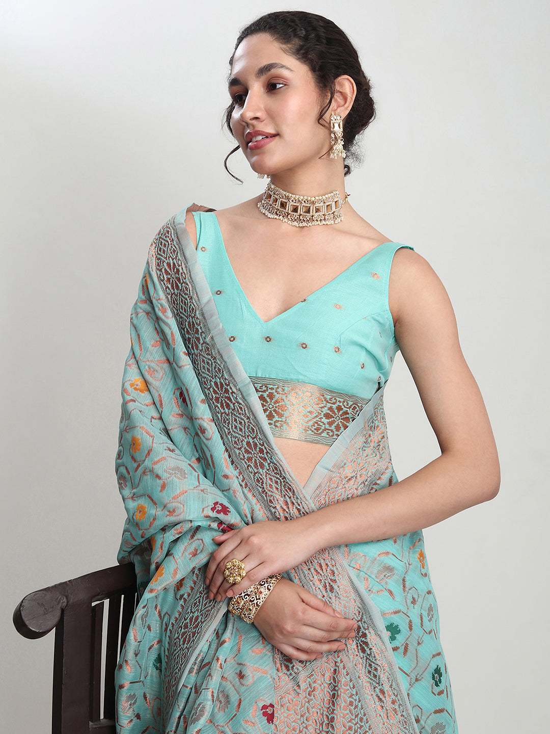 Janasya Sea Green Linen Blend Floral Jacquard Saree - Distacart