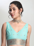 Janasya Sea Green Linen Blend Floral Jacquard Saree - Distacart