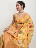 Janasya Yellow Linen Blend Floral Jacquard Saree - Distacart