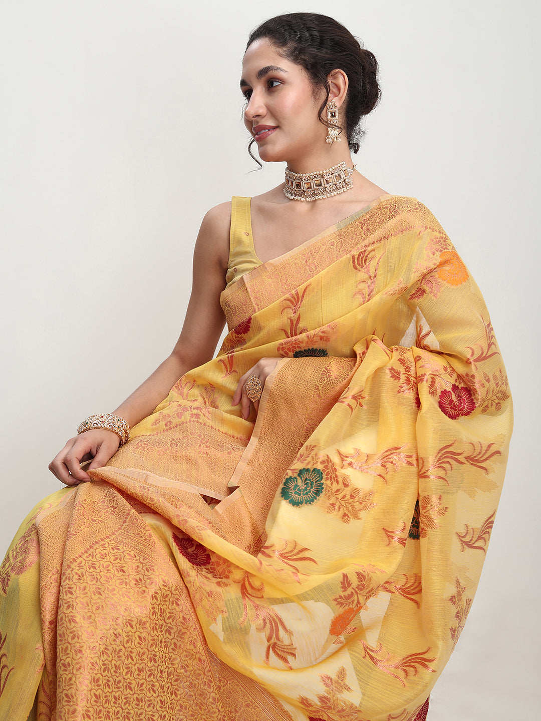 Janasya Yellow Linen Blend Floral Jacquard Saree - Distacart