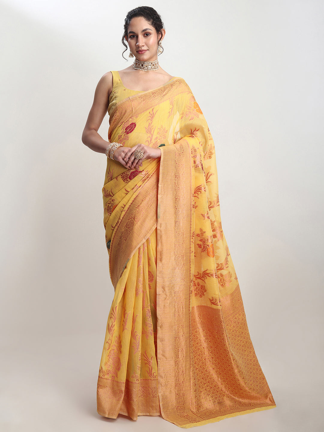 Janasya Yellow Linen Blend Floral Jacquard Saree - Distacart