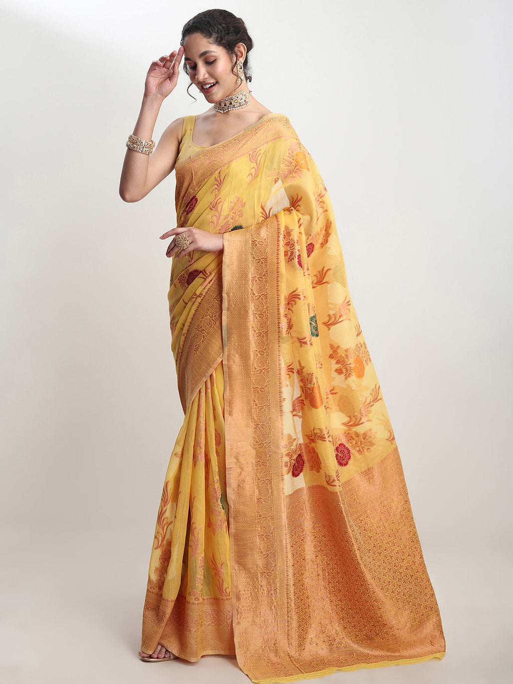 Janasya Yellow Linen Blend Floral Jacquard Saree - Distacart