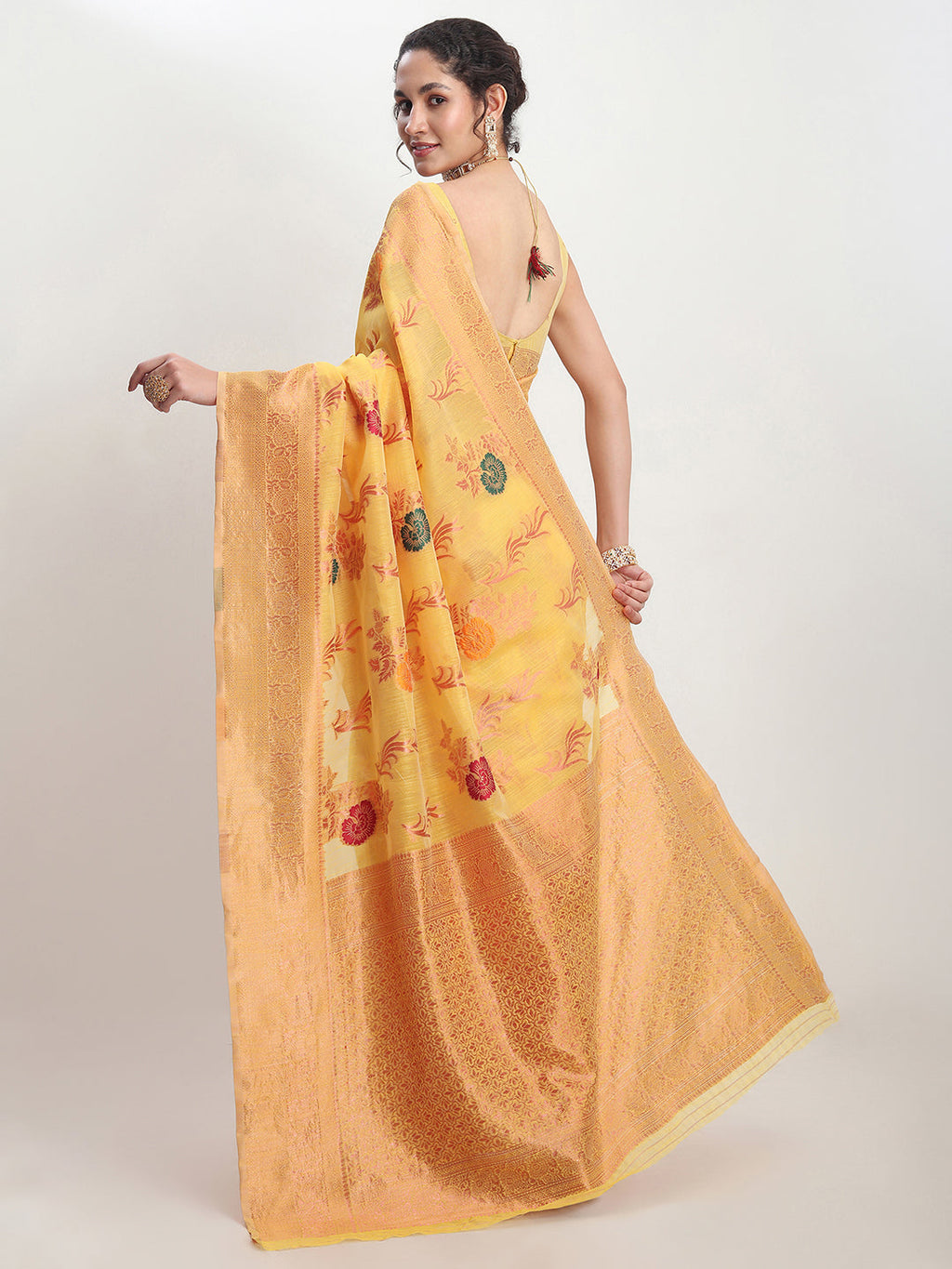 Janasya Yellow Linen Blend Floral Jacquard Saree - Distacart