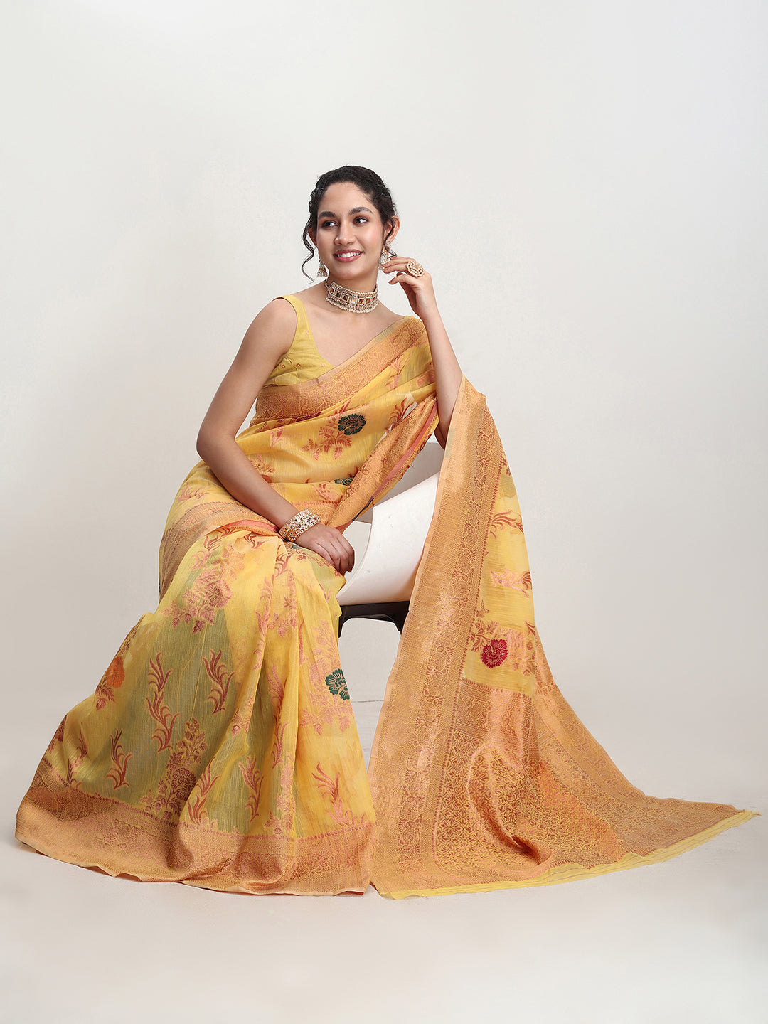 Janasya Yellow Linen Blend Floral Jacquard Saree - Distacart