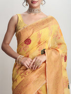 Janasya Yellow Linen Blend Floral Jacquard Saree - Distacart
