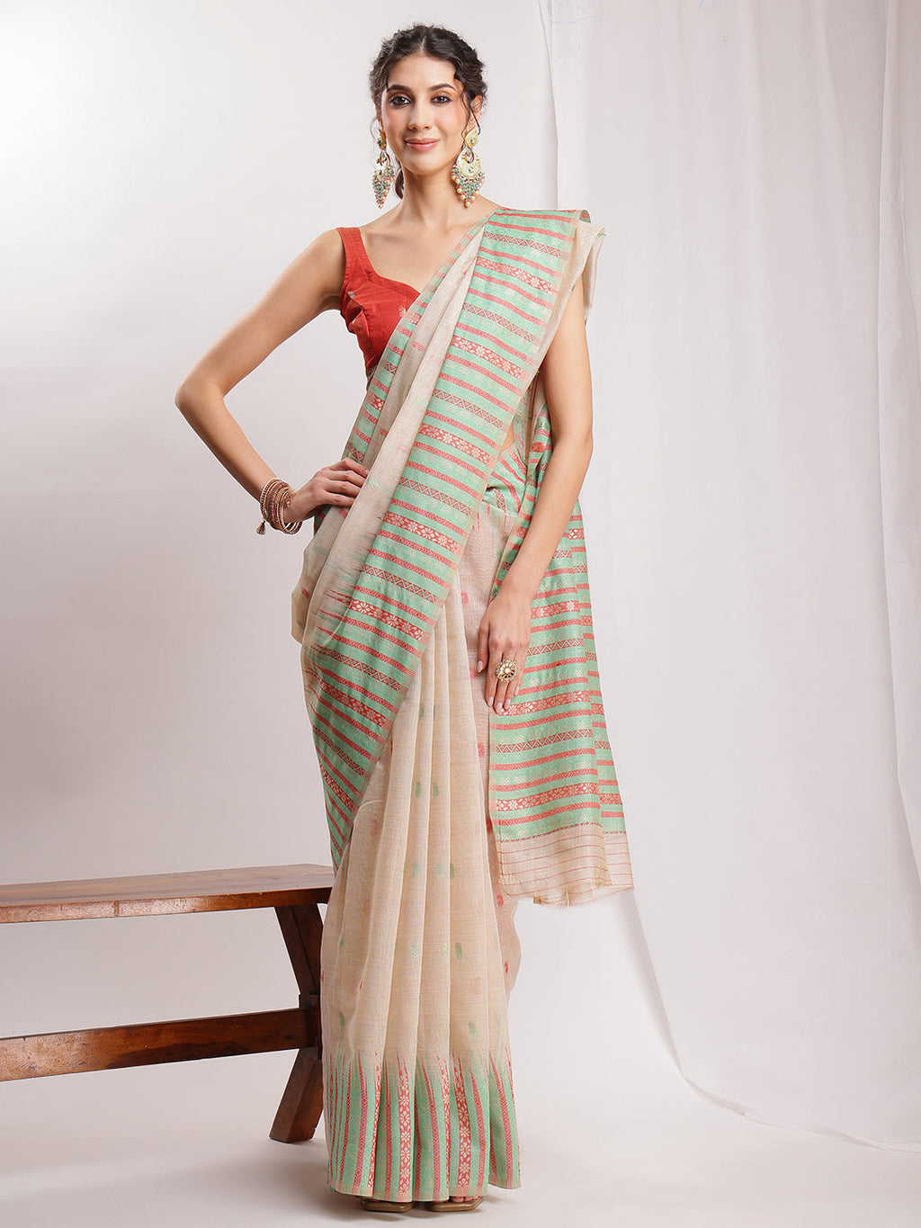 Janasya Beige Silk Blend Ikkat Jacquard Saree - Distacart