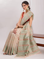 Janasya Beige Silk Blend Ikkat Jacquard Saree - Distacart