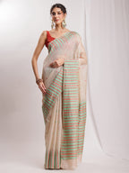 Janasya Beige Silk Blend Ikkat Jacquard Saree - Distacart