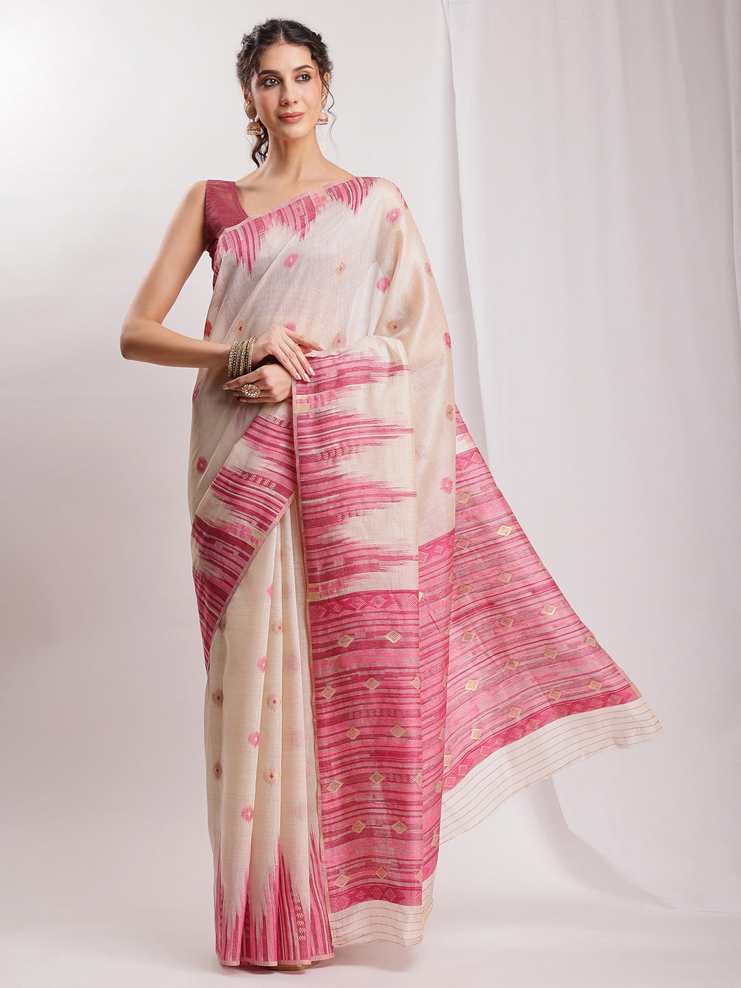 Janasya Beige Silk Blend Ikkat Jacquard Saree - Distacart