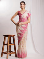 Janasya Beige Silk Blend Ikkat Jacquard Saree - Distacart