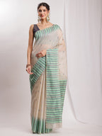 Janasya Beige Silk Blend Ikkat Jacquard Saree - Distacart