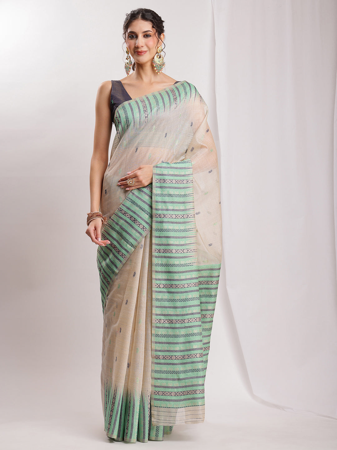 Janasya Beige Silk Blend Ikkat Jacquard Saree - Distacart
