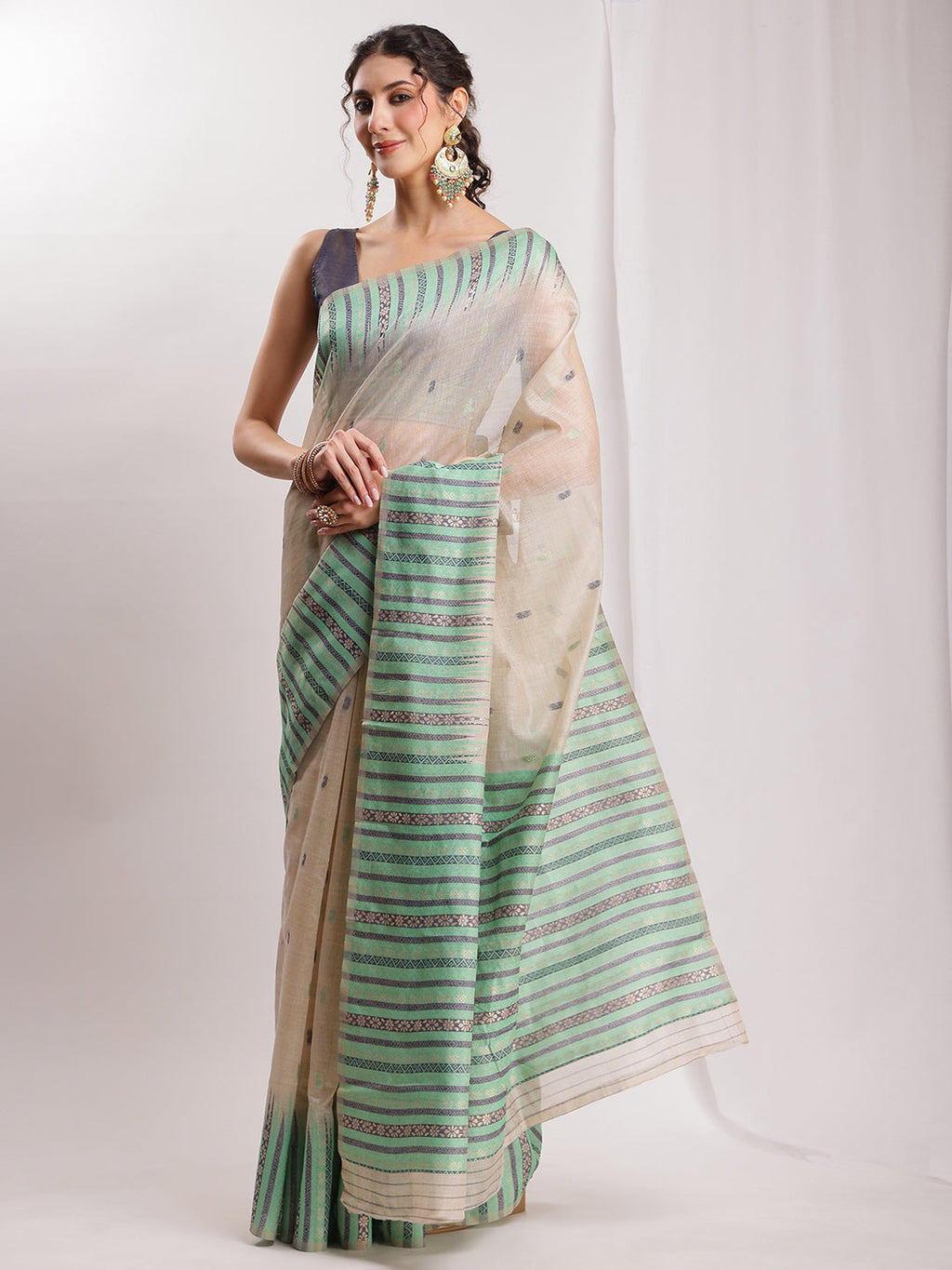 Janasya Beige Silk Blend Ikkat Jacquard Saree - Distacart