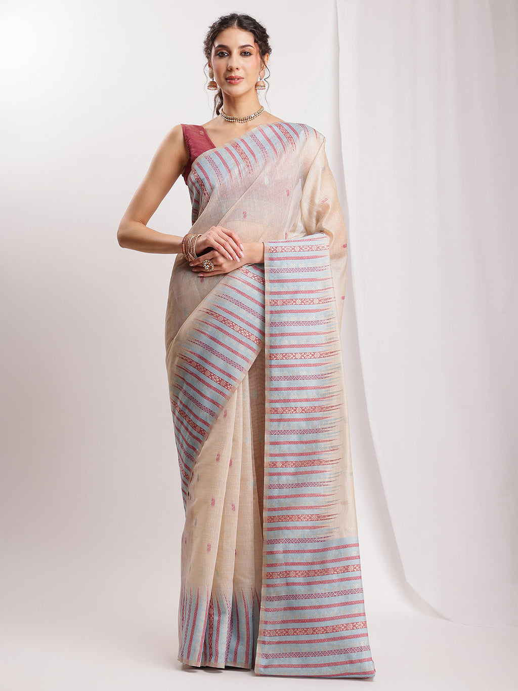 Janasya Beige Silk Blend Ikkat Jacquard Saree - Distacart