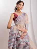 Janasya Beige Silk Blend Ikkat Jacquard Saree - Distacart