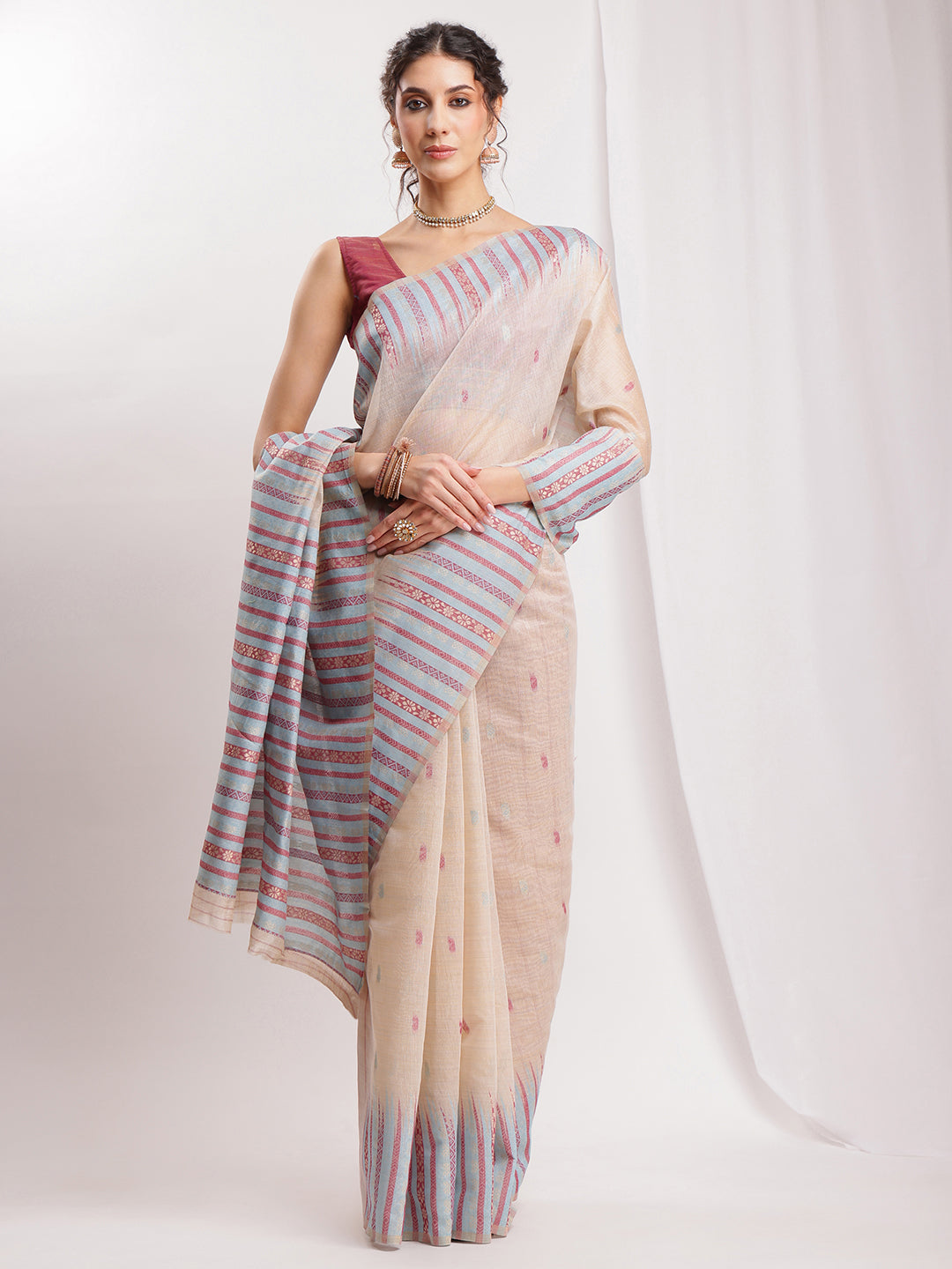 Janasya Beige Silk Blend Ikkat Jacquard Saree - Distacart