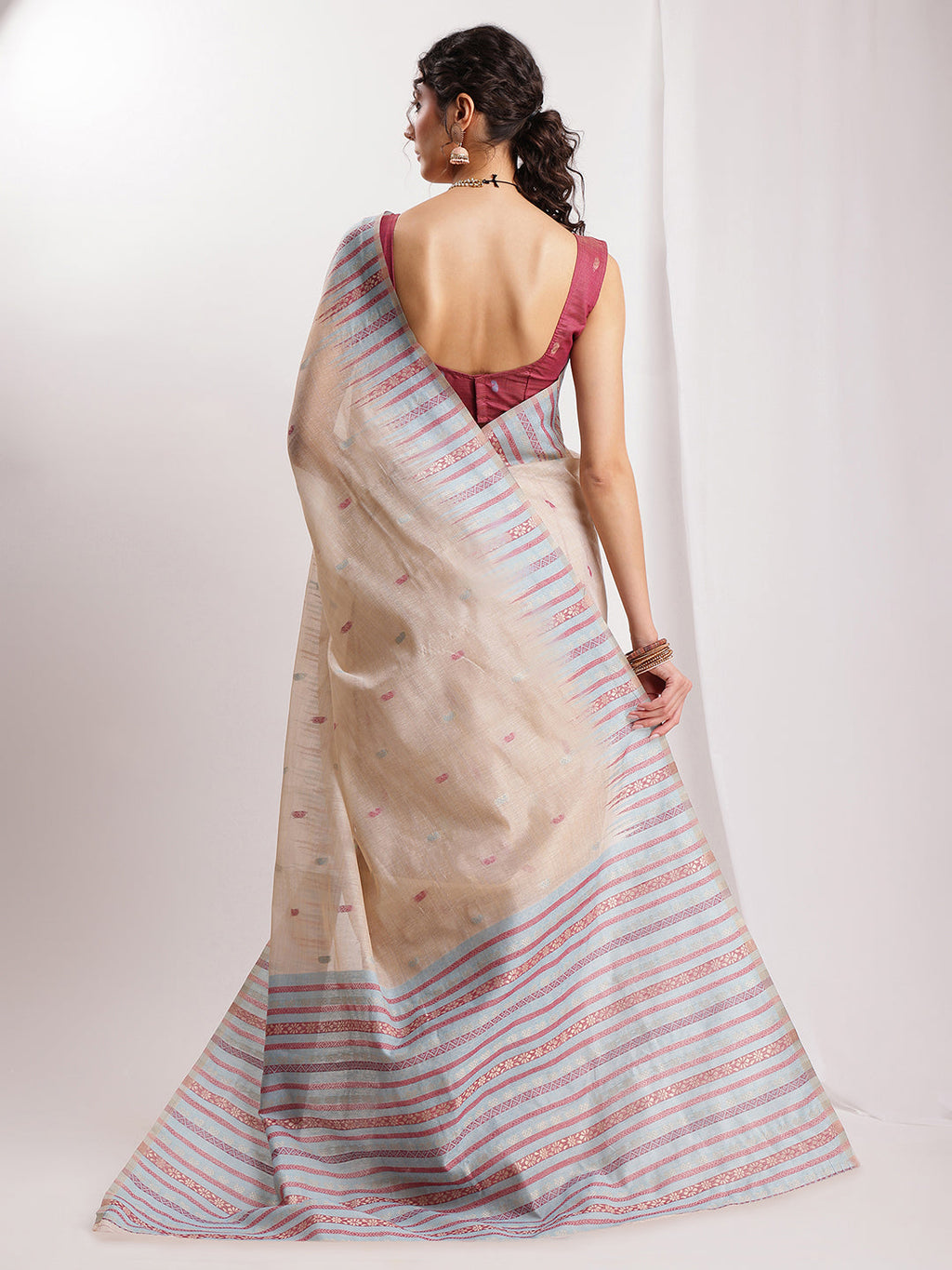 Janasya Beige Silk Blend Ikkat Jacquard Saree - Distacart