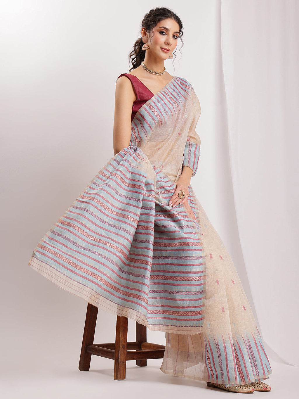 Janasya Beige Silk Blend Ikkat Jacquard Saree - Distacart