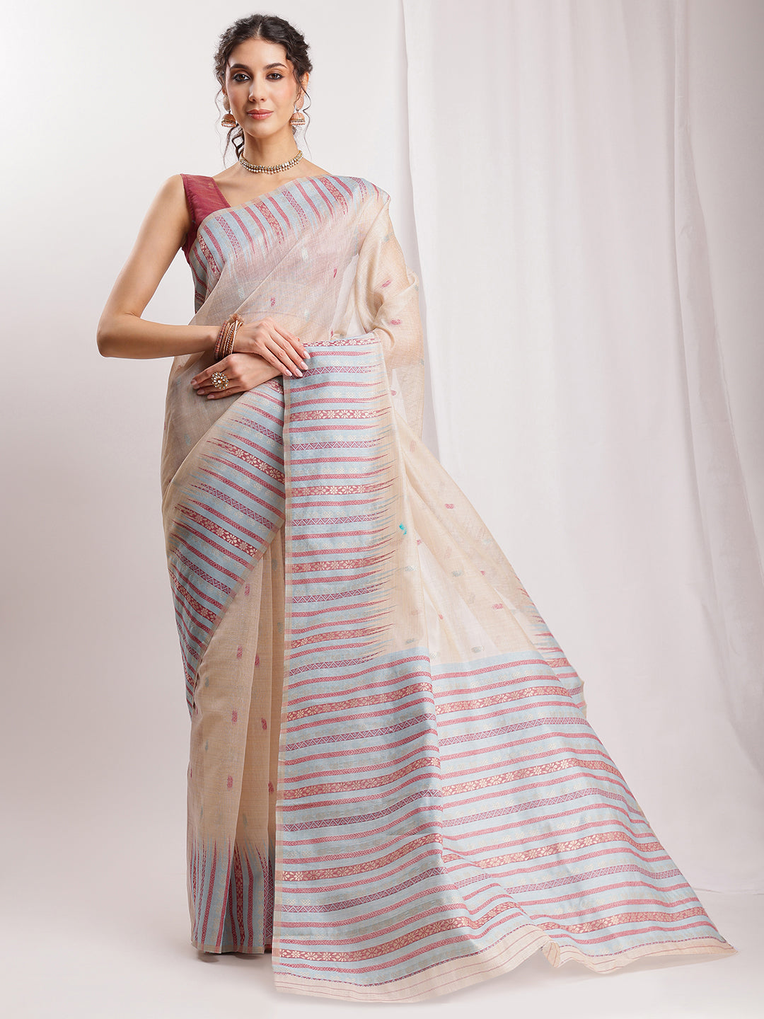 Janasya Beige Silk Blend Ikkat Jacquard Saree - Distacart