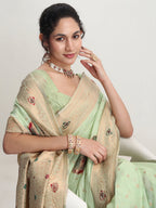 Janasya Light Green Linen Blend Kalamkari Jacquard Saree - Distacart