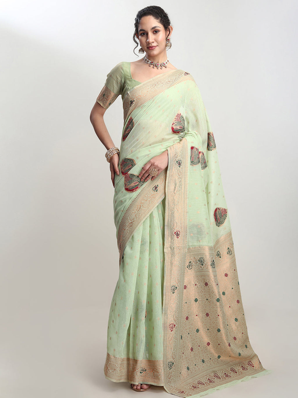 Janasya Light Green Linen Blend Kalamkari Jacquard Saree - Distacart