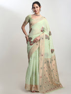 Janasya Light Green Linen Blend Kalamkari Jacquard Saree - Distacart