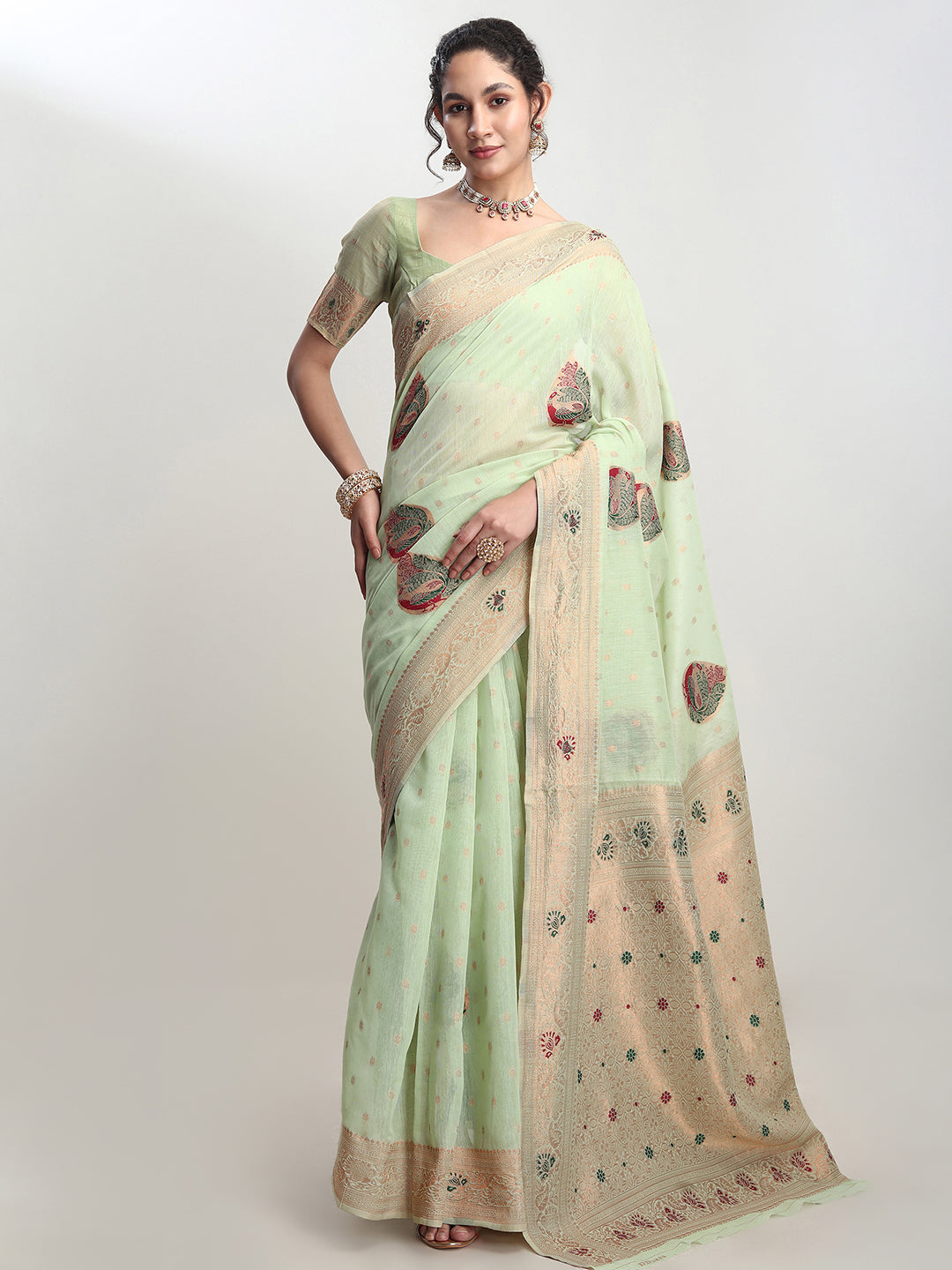 Janasya Light Green Linen Blend Kalamkari Jacquard Saree - Distacart