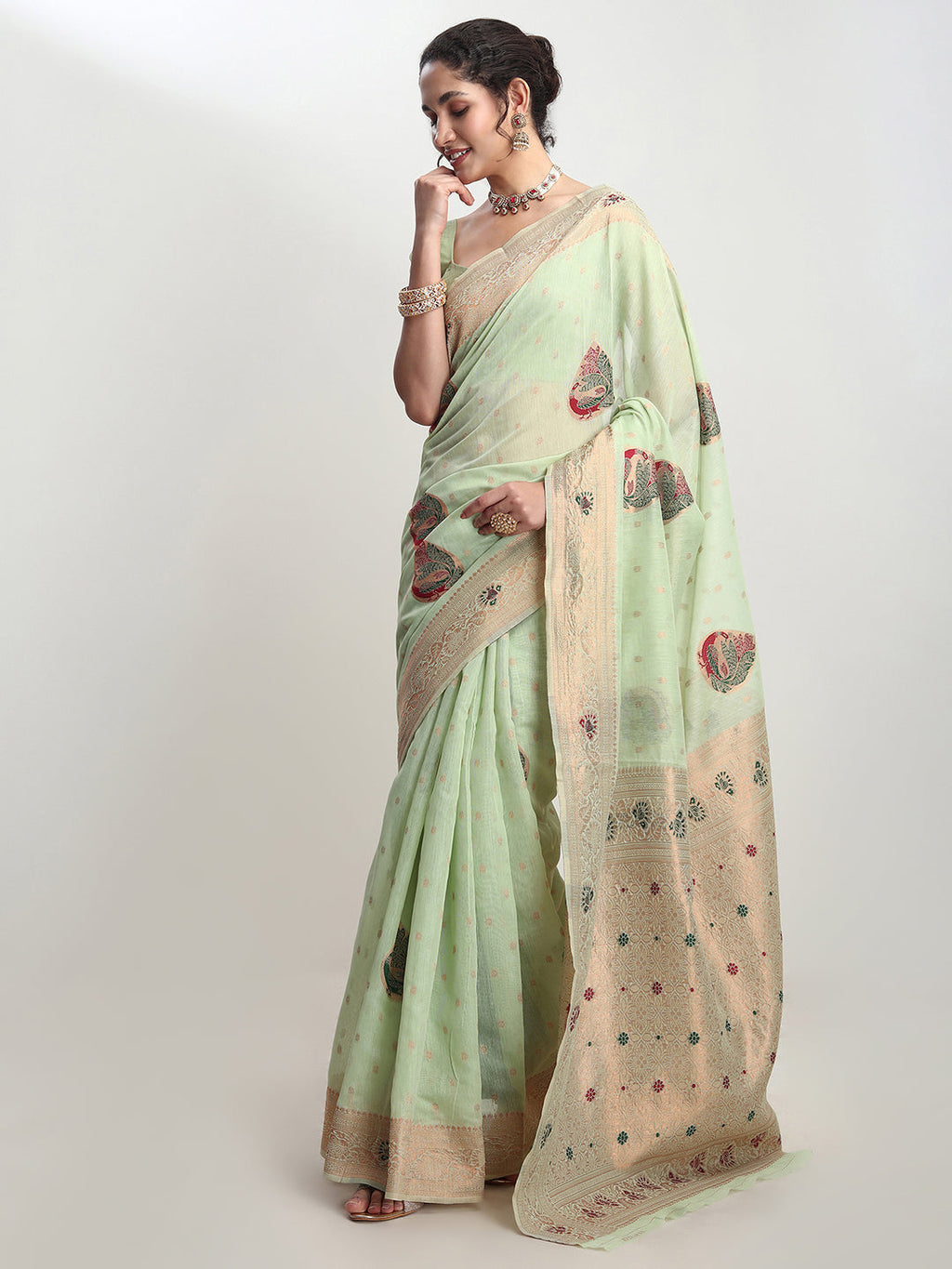 Janasya Light Green Linen Blend Kalamkari Jacquard Saree - Distacart