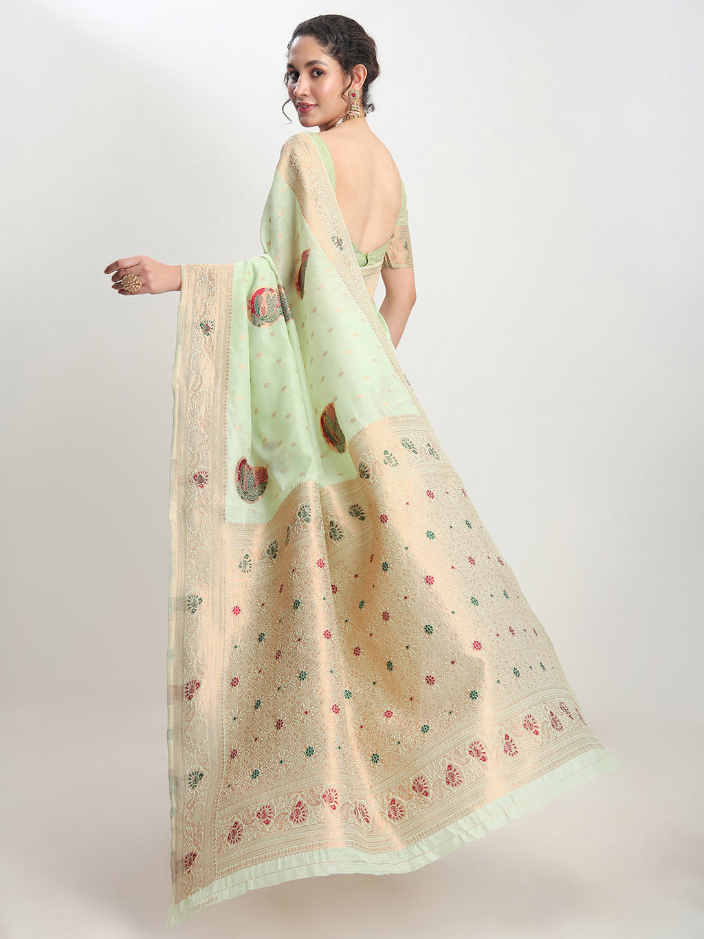 Janasya Light Green Linen Blend Kalamkari Jacquard Saree - Distacart