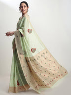 Janasya Light Green Linen Blend Kalamkari Jacquard Saree - Distacart