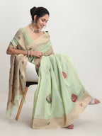 Janasya Light Green Linen Blend Kalamkari Jacquard Saree - Distacart