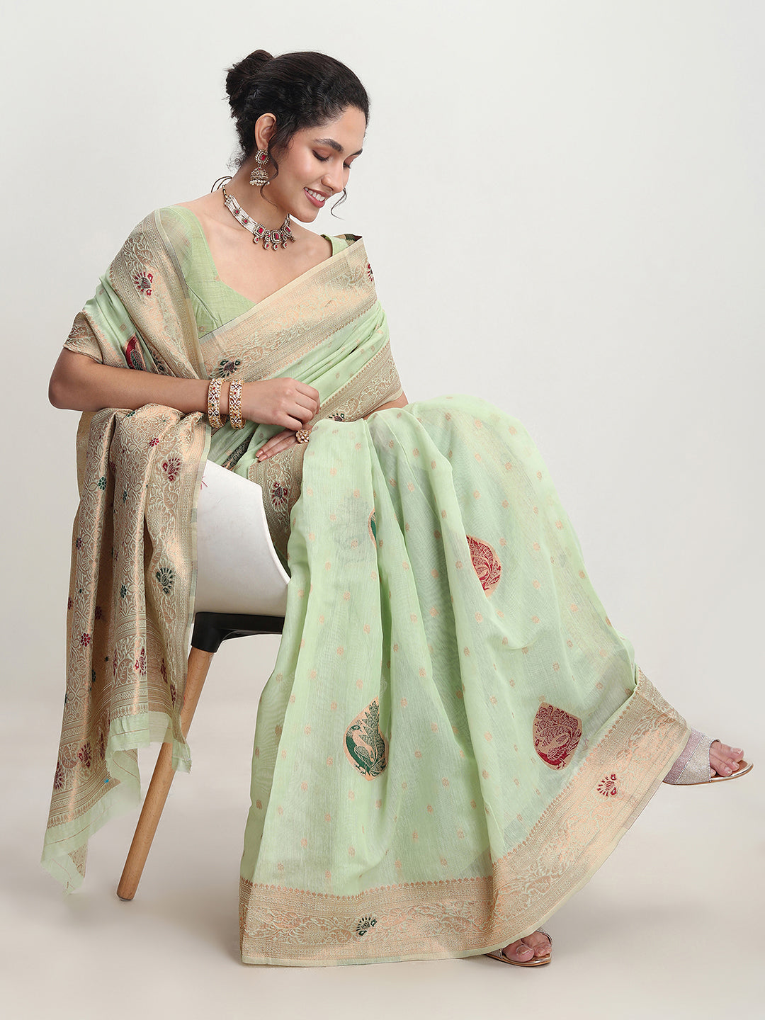 Janasya Light Green Linen Blend Kalamkari Jacquard Saree - Distacart