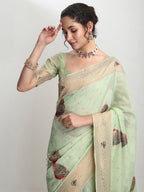 Janasya Light Green Linen Blend Kalamkari Jacquard Saree - Distacart